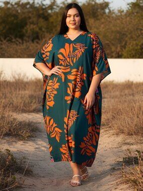 Women Digital Printed Polyester Caftan Dress Plus Size Cover Up Maxi Dresses